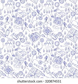 Hand Drawn Seamless Pattern, Maps,  Picnic, Travel, Hiking And Camping