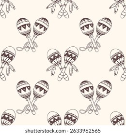 Hand drawn seamless pattern of maracas musical instrument. Latin American maracas background. Sketch.