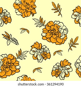 Hand drawn seamless pattern with Marigold flowers. Vector eps 8