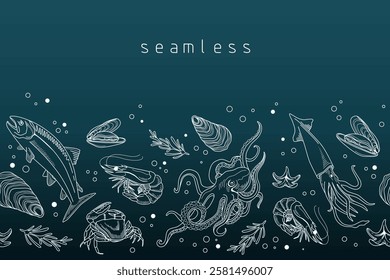 Hand drawn seamless pattern with marine elements. Octopus, shrimp, salmon, trout, oysters, mussels, squid, crab. Seafood vector illustration.