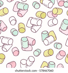 Hand drawn seamless pattern with marshmallow. Background for cafe, kitchen or food package. Vector illustration