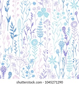 Hand drawn seamless pattern with meadow plants blue and purple colors. Vector summer illustration on white background.