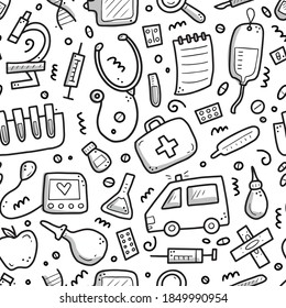 Hand drawn seamless pattern of medicine elements, pill, tablet, stethoscope. Comic doodle sketch style. Medicine illustration for wallpaper, background, textile.