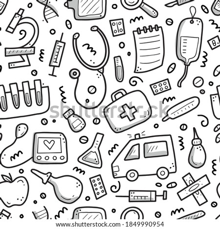 Hand drawn seamless pattern of medicine elements, pill, tablet, stethoscope. Comic doodle sketch style. Medicine illustration for wallpaper, background, textile.