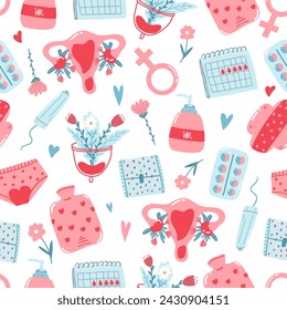 Hand drawn seamless pattern with menstrual period items as underwear, pads, tampons, blood drops. Colorful wallpaper in cartoon style