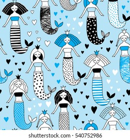 hand drawn seamless pattern with mermaid