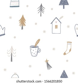Hand Drawn seamless pattern Merry Christmas. Vector Happy New Year print 2020. Happy Holidais