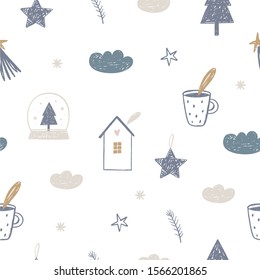 Hand Drawn seamless pattern Merry Christmas. Vector Happy New Year print 2020. Happy Holidais
