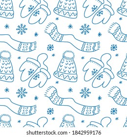 Patrón impecable dibujado a mano de sombrero Feliz Navidad, bufanda, copos de nieve, mitones en estilo doodle aislados en el fondo blanco. Ilustración del contorno del vector. Diseño para textil , embalajes, papel pintado