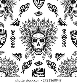 Hand drawn seamless pattern with mexican skull and indian feathers.