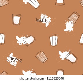 Hand drawn seamless pattern with milk drops and glasses. Light modern print for fabric, wrap paper or wallpaper. Coffee with milk background.