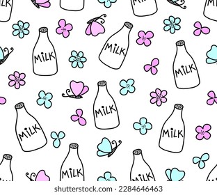 Hand drawn seamless pattern with milk bottle and flowers in doodle style. Vector illustration.