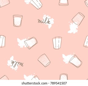 Hand drawn seamless pattern with milk drops and glasses. Light modern print for fabric, wrap paper or wallpaper. Ideal background for bedding nursery.