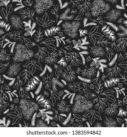 Hand drawn seamless pattern with mistletoe, holly and fir with cone. Christmas holiday coniferous background with pine, cedar branches for decoration. Vector isolated xmas design floral gift wrapper.
