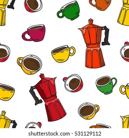 Hand drawn seamless pattern with mocha coffee pot and colourful cute espresso cups. Could be used for menu design, poster, wallpaper, print