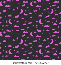 Hand drawn seamless pattern with moon, clouds, stars and bats. Halloween background for wrapping paper, wallpaper, textile, website or web shop backdrop