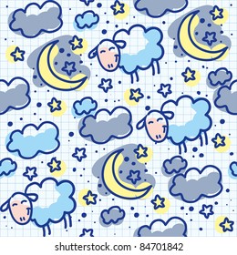 Hand Drawn Seamless Pattern With Moon And Sheep