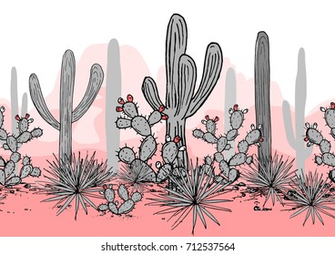 Hand drawn seamless pattern with mountains, saguaro, blue agave, and prickly pear. Latin American background. Mexican landscape Vector illustration.