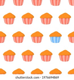 Hand drawn seamless pattern with muffin for wallpaper design. Vector isolated illustration. Eye catching elements - one blue cover.