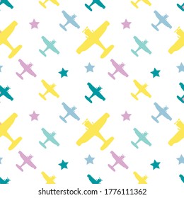Hand drawn seamless pattern with multicolored airplanes. Ideal for children's fabric, textile, children's wallpaper. Cute aviation design. Vector illustration