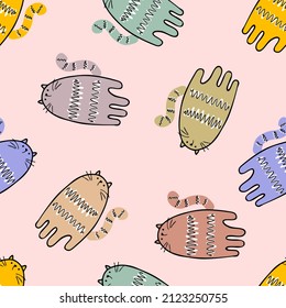 Hand drawn seamless pattern with multicolored tigers. Perfect for T-shirt, textile and prints. Doodle vector illustration for decor and design.
