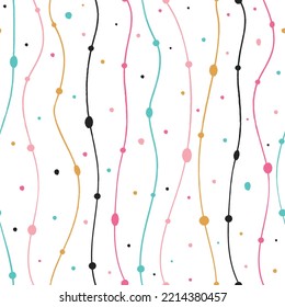 Hand drawn Seamless pattern with multicolored wavy lines and dots on white background, design for wallpaper, wrapping paper, textile, fabric and more