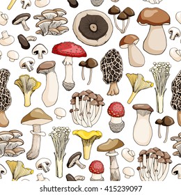 Hand drawn seamless pattern of mushroom and toadstools. Isolated on white background. Vector illustration.