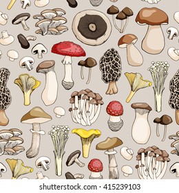 Hand drawn seamless pattern of mushroom and toadstools. Vector illustration.