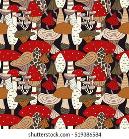 Hand drawn seamless pattern of mushroom and toadstools. Vector illustration for fabric or wrap paper design.