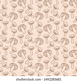 Hand drawn seamless pattern with mushrooms. Graphic vector illustration. pastel color. Organic vegetarian product.