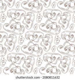 Hand drawn seamless pattern with mushrooms. Graphic vector illustration. Organic vegetarian product.