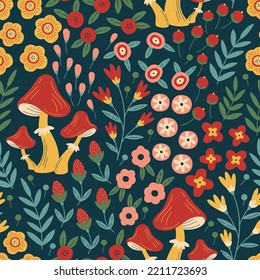 Hand drawn seamless pattern with mushrooms, berries and flowers in folk style. Beautiful fall floral repeat background. Floral print design for textiles, wrapping paper, gift paper, fabric.