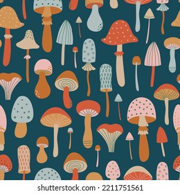 Hand drawn seamless pattern with mushrooms, toadstools, fly-agaric amanita on dark background. Beautiful fall  repeat background. Autumn print design for textiles, wrapping paper, gift paper, fabric.