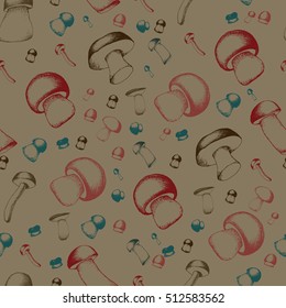 Hand drawn seamless pattern with mushrooms.