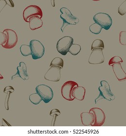 Hand drawn seamless pattern with mushrooms.