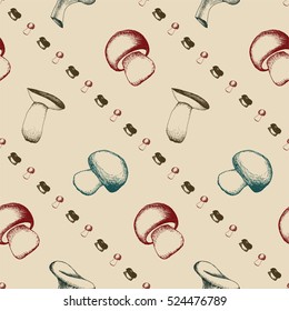 Hand drawn seamless pattern with mushrooms.