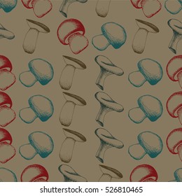 Hand drawn seamless pattern with mushrooms.