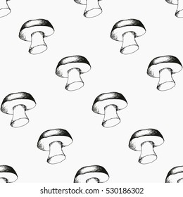 Hand drawn seamless pattern with mushrooms.