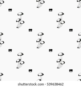Hand drawn seamless pattern with mushrooms.