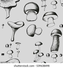Hand drawn seamless pattern with mushrooms.