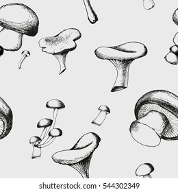Hand drawn seamless pattern with mushrooms.