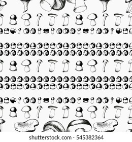 Hand drawn seamless pattern with mushrooms.