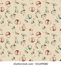 Hand drawn seamless pattern with mushrooms.