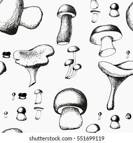 Hand drawn seamless pattern with mushrooms.