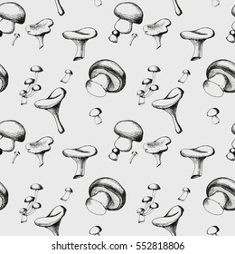 Hand drawn seamless pattern with mushrooms.