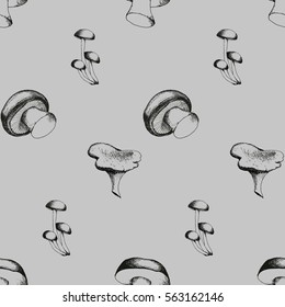 Hand drawn seamless pattern with mushrooms.
