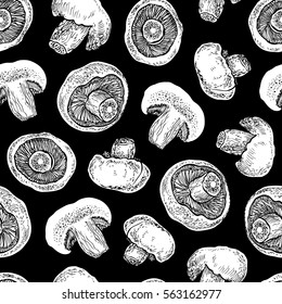 Hand drawn seamless pattern with mushrooms. Graphic vector illustration. Organic vegetarian product. 