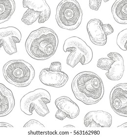 Hand drawn seamless pattern with mushrooms. Graphic vector illustration. Organic vegetarian product. 