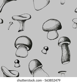 Hand drawn seamless pattern with mushrooms.
