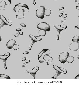 Hand drawn seamless pattern with mushrooms.